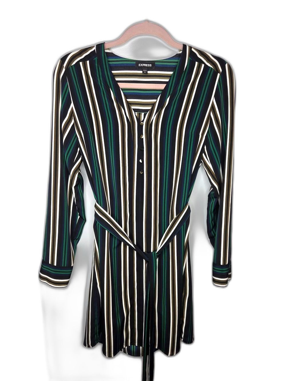 Express Women's Green and Black Striped Shirt Dress